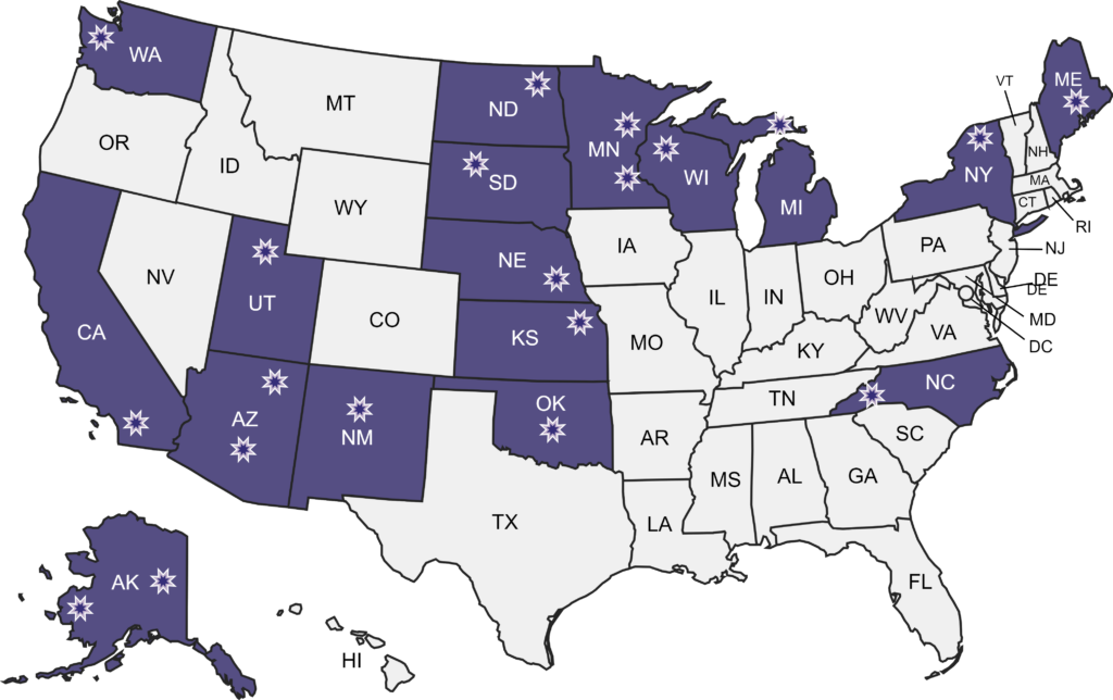 Map of America with marked locations of the Tribal Domestic Violence and Sexual Assault Coalitions